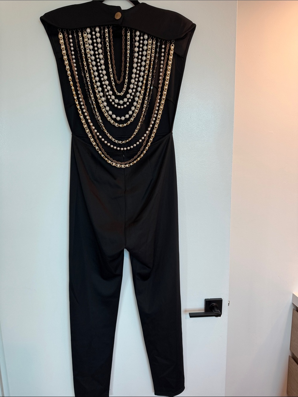 Strapless Black Jumpsuit with Gold Chain Back Detail
